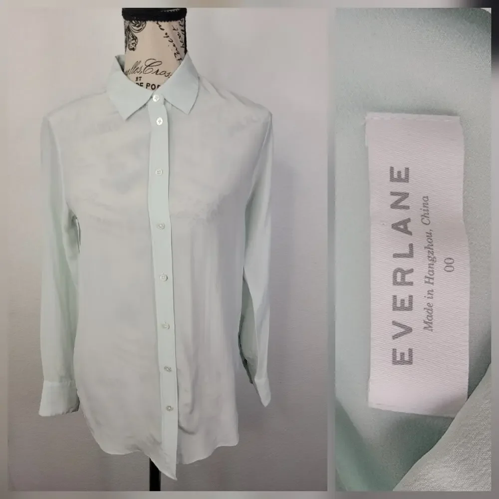 Everlane Blouse Womens SZ 00 Green 100% Silk button Up Shirt Semi Sheer